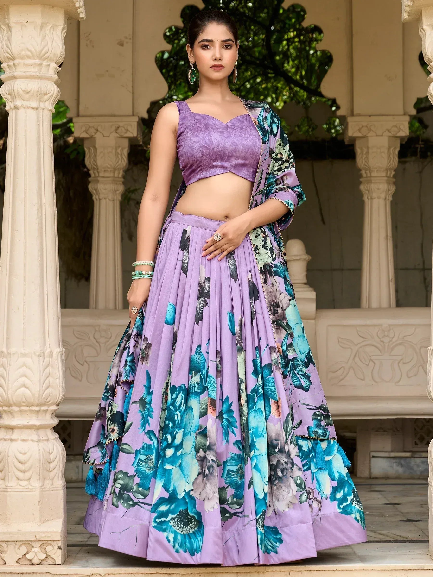 Purple floral lehenga choli with printed dupatta, Indian ethnic wear for women