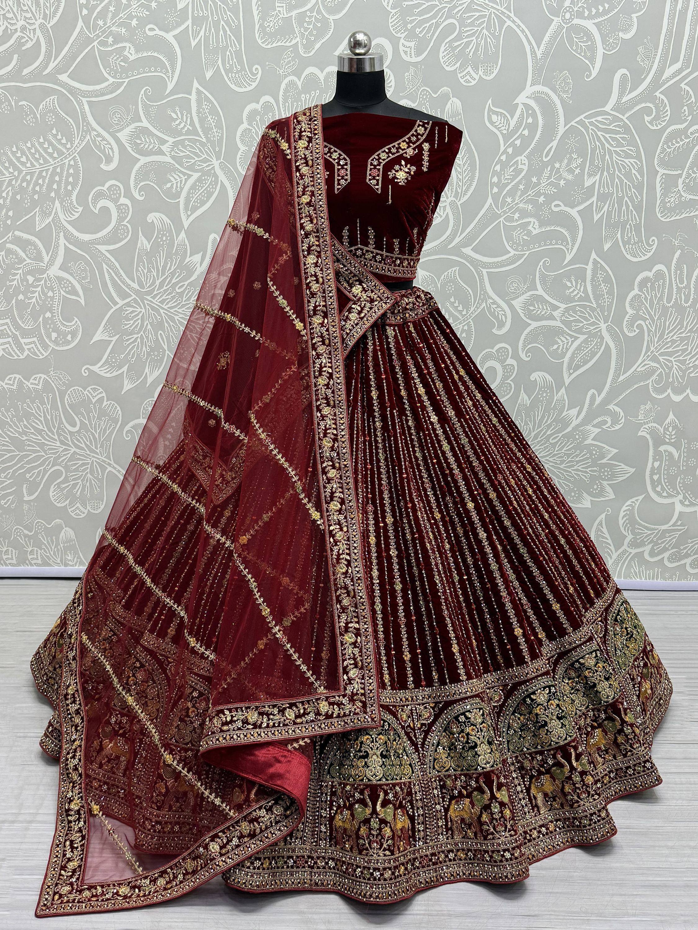 Maroon velvet lehenga choli with gold embroidery and sheer dupatta, Indian ethnic wear