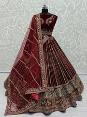Lovable Maroon Velvet Bridal Lehenga Choli With Dupatta - Ethnic Plus In
