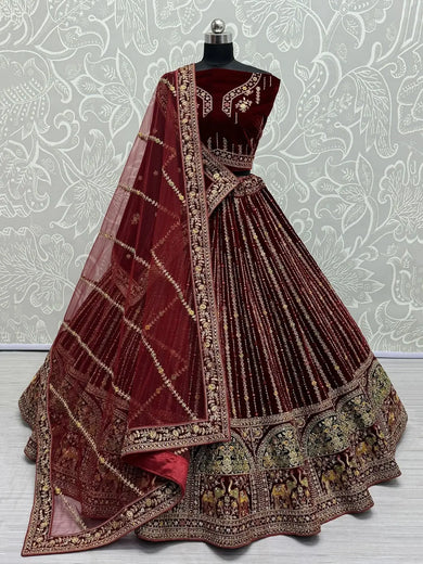 Lovable Maroon Velvet Bridal Lehenga Choli With Dupatta - Ethnic Plus In