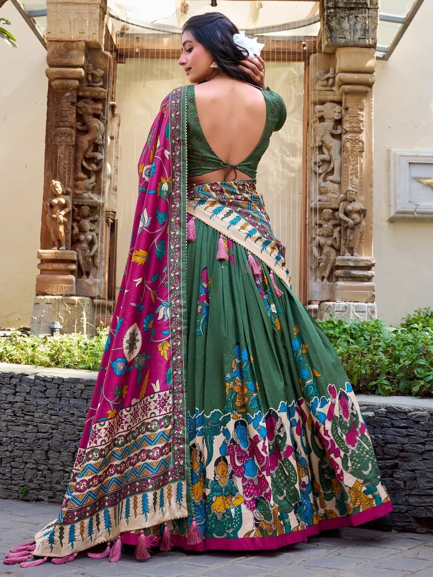 Green printed lehenga choli with floral dupatta, ethnic Indian wear for women