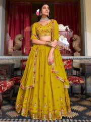 Lovable Mustard Yellow Embroidered Georgette Haldi Wear Lehenga Choli - Ethnic Plus In
