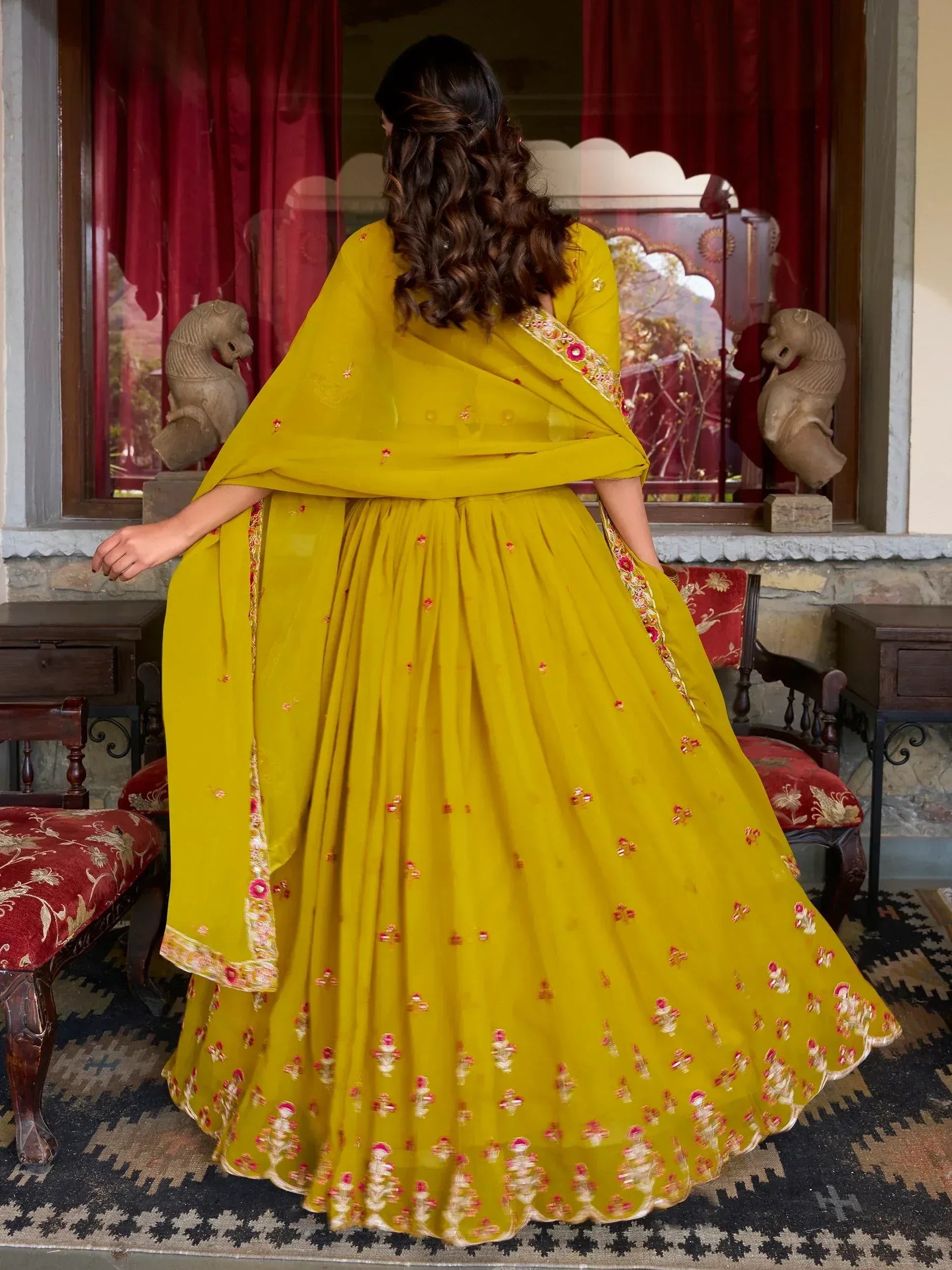 Yellow embroidered lehenga choli with floral dupatta, Indian ethnic wear for women