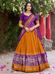 Lovable Mustard Yellow Patola Printed Tussar Silk Lehenga Choli With Dupatta - Ethnic Plus In