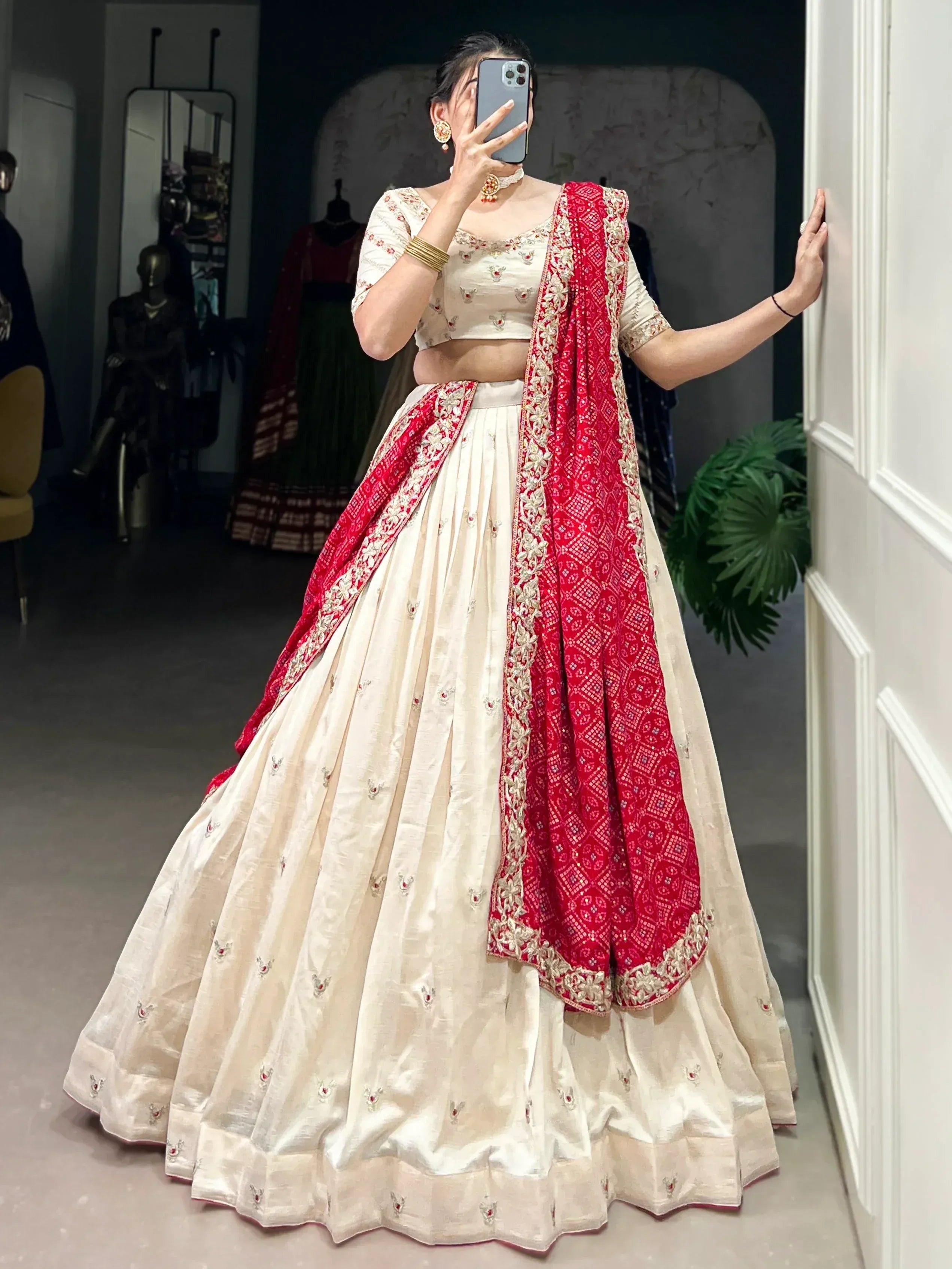 Cream and red embroidered lehenga choli with dupatta, Indian ethnic wear for weddings and festivals