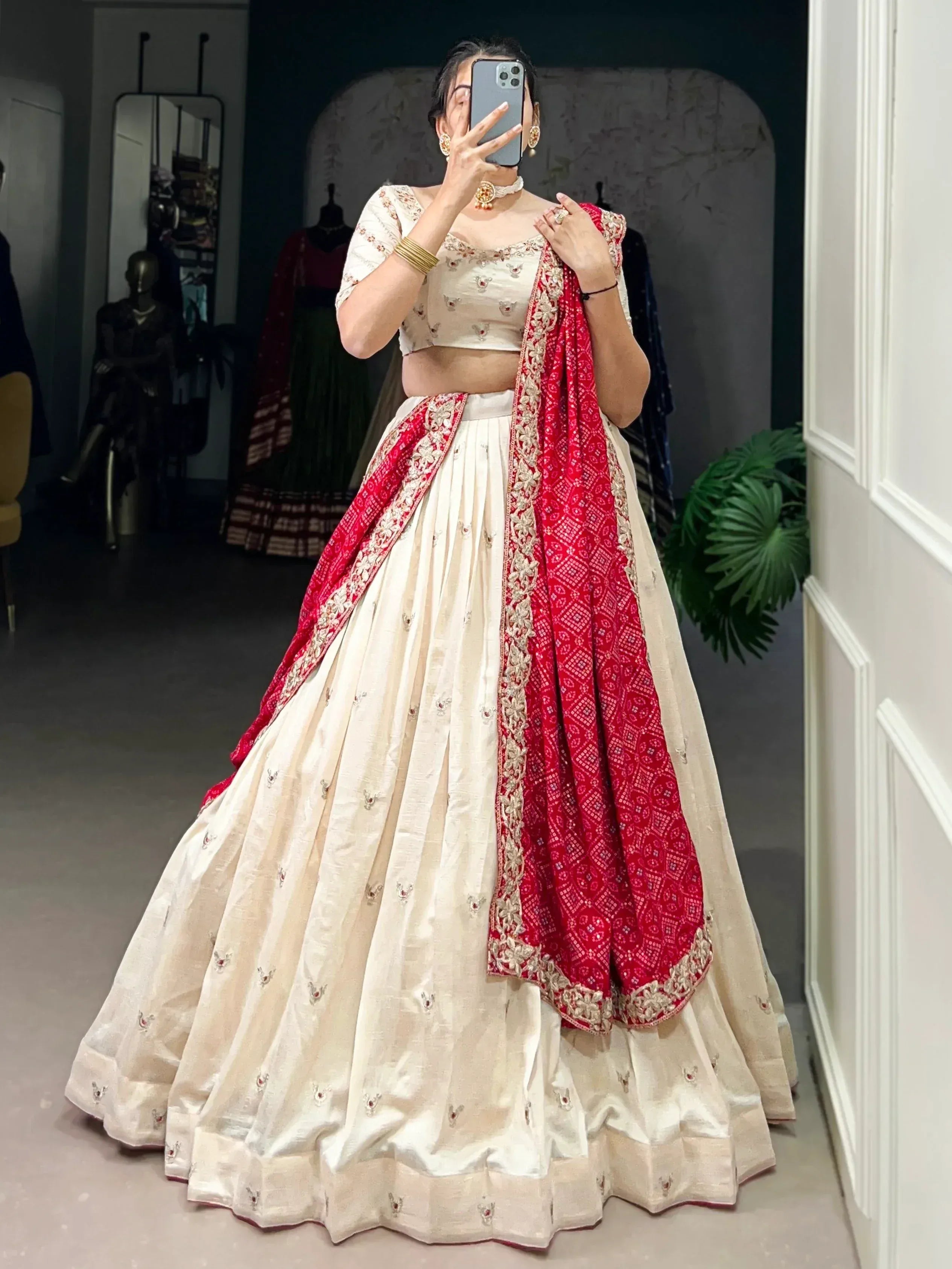 Cream embroidered lehenga choli with red dupatta, Indian ethnic wear for weddings and parties