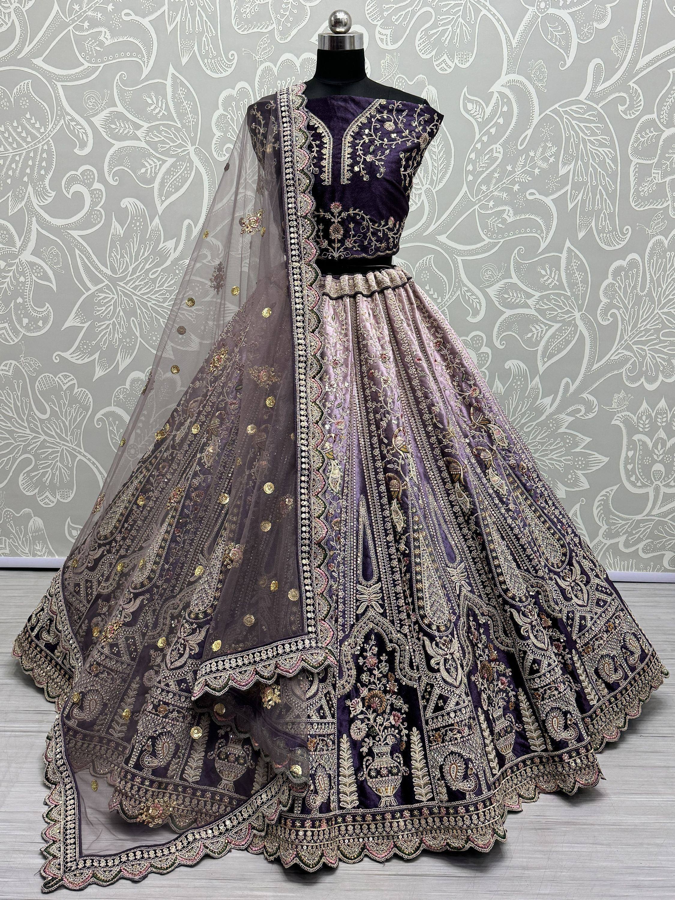 Purple embroidered lehenga choli with net dupatta, designer Indian ethnic wear for weddings