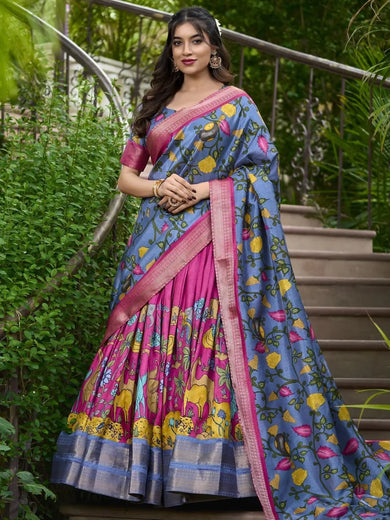Lovable Rani Pink Kalamkari Print Dola Silk Event Wear Lehenga Choli - Ethnic Plus In