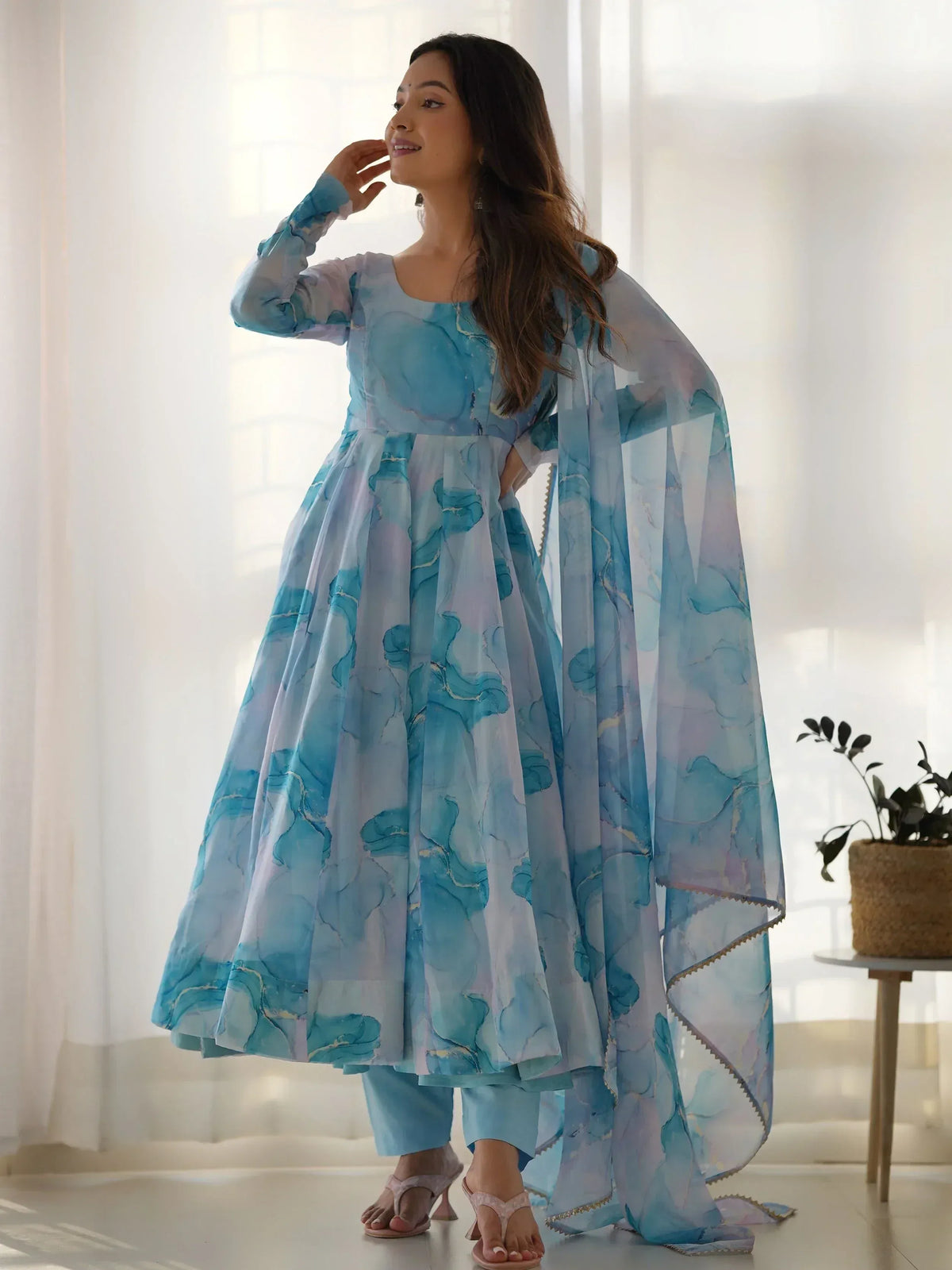 Blue floral printed anarkali suit with matching dupatta, perfect for ethnic occasions