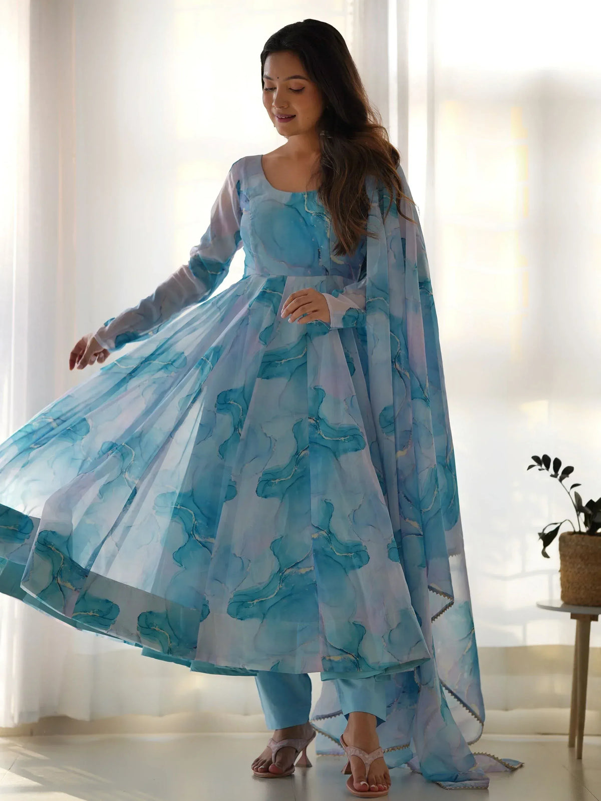 Blue watercolor print ethnic anarkali suit with flared skirt and dupatta, perfect for Indian occasions