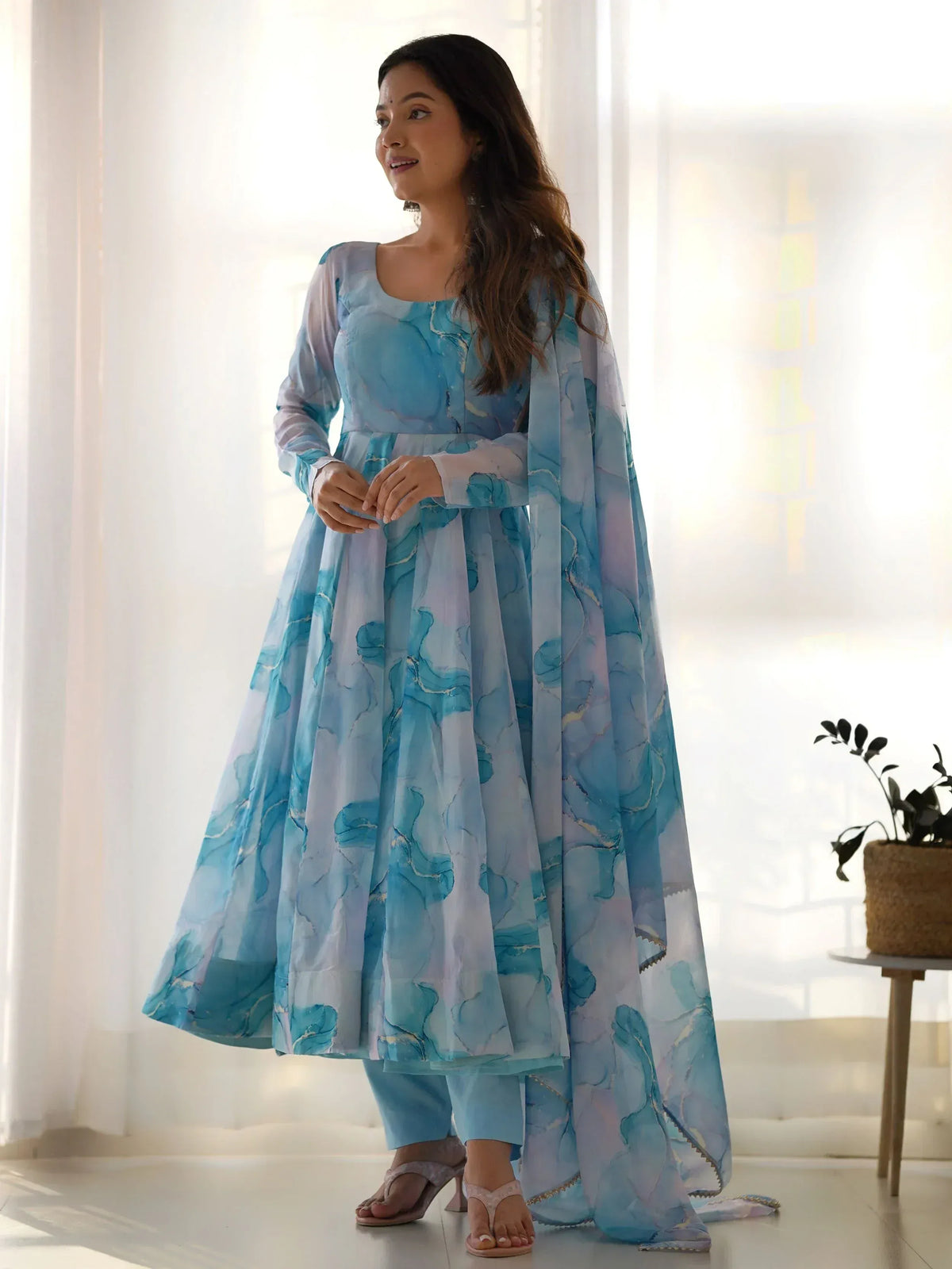 Blue floral printed anarkali suit with matching palazzo and dupatta, Indian ethnic wear