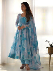 Lovable Sky Blue Digital Printed Organza Anarkali Suit - Ethnic Plus In