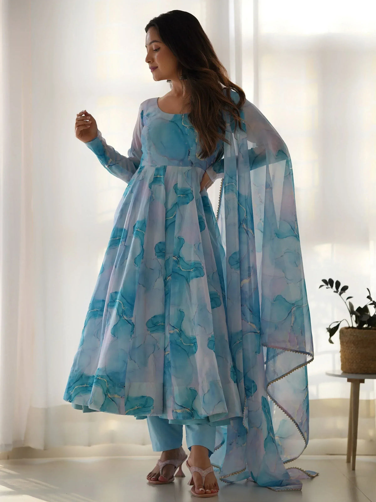 Blue watercolor print anarkali suit with matching dupatta, elegant ethnic wear for women