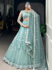 Lovable Sky Blue Thread Embroidered Net Engagement Wear Lehenga Choli - Ethnic Plus In