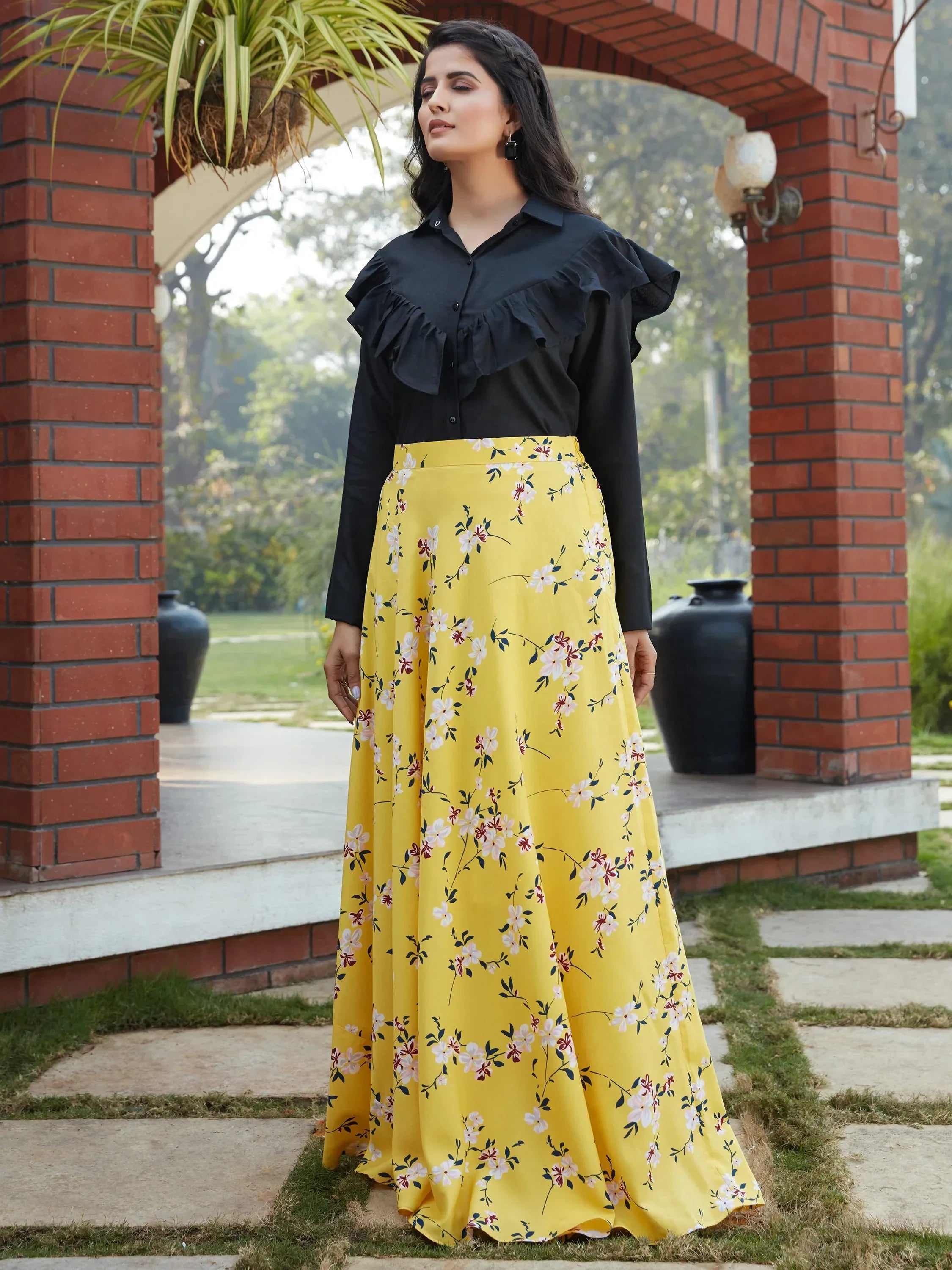 Lovable Yellow Floral Printed Crepe Party Wear Crop Top Lehenga - Ethnic Plus In