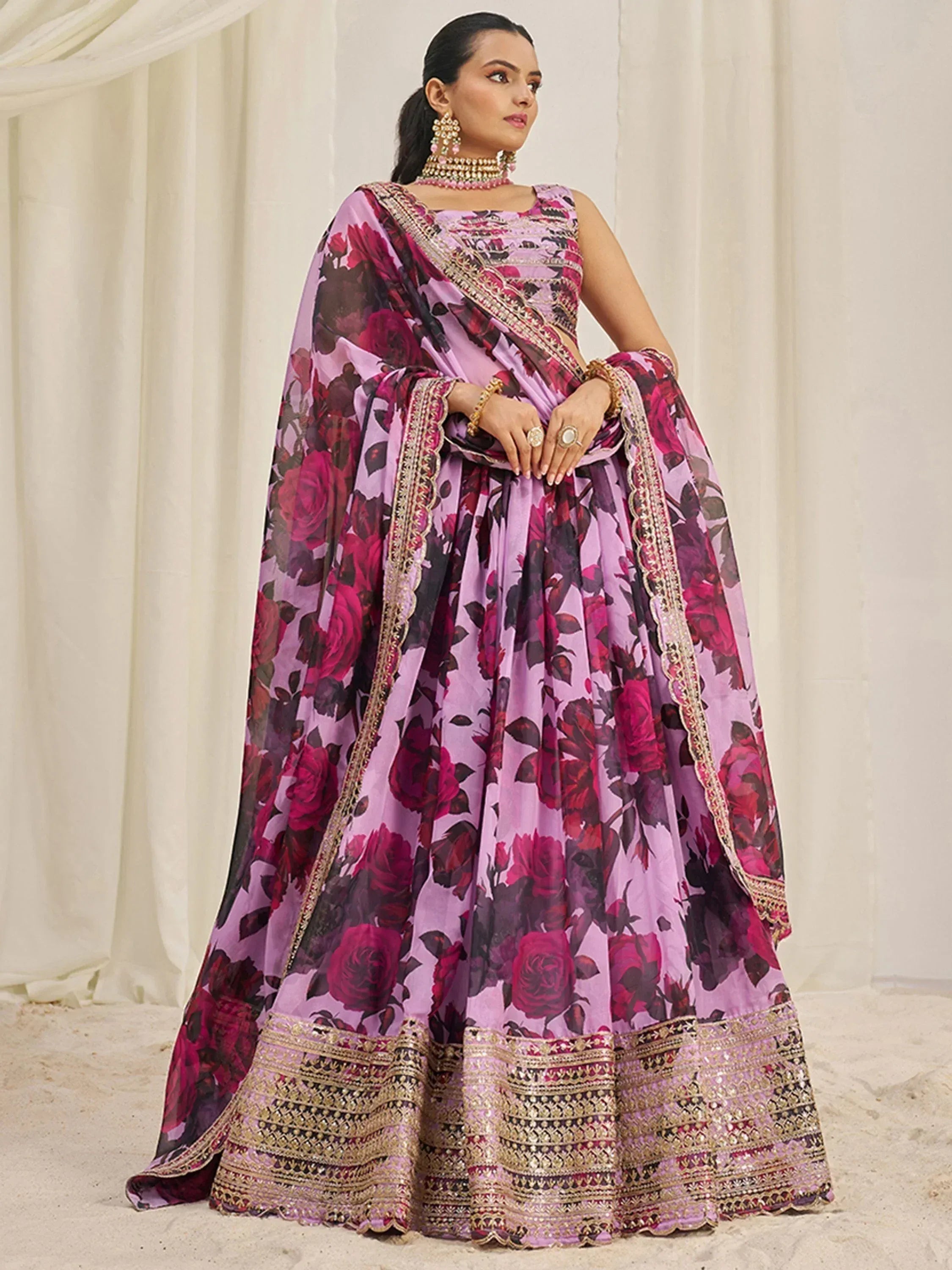 Purple floral lehenga choli with gold embroidery, Indian ethnic wear for weddings and parties