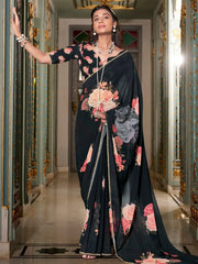 Lovely Black Floral Printed Saree With Blouse - Ethnic Plus In