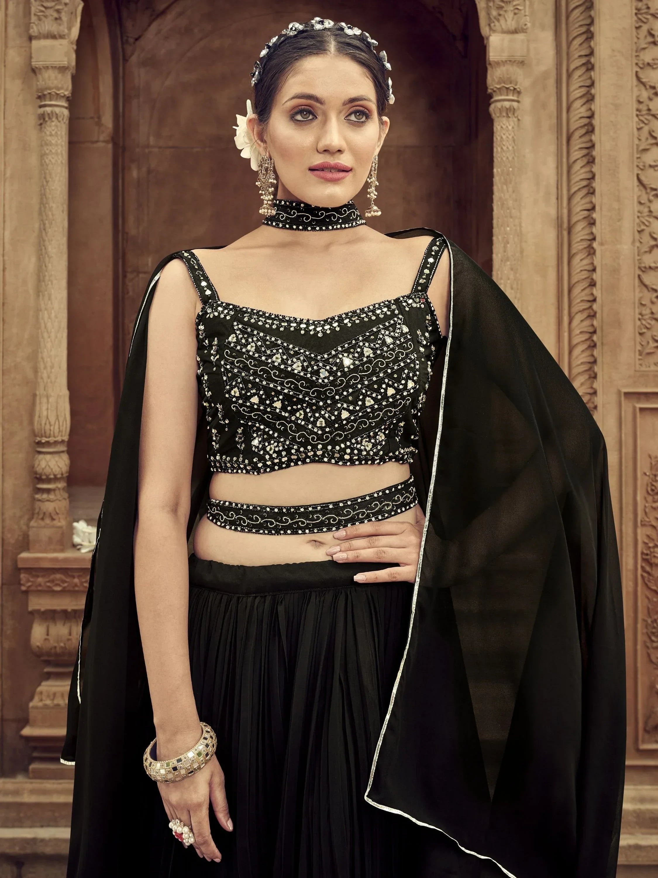 Black embroidered lehenga choli with cape, perfect for Indian ethnic wear events