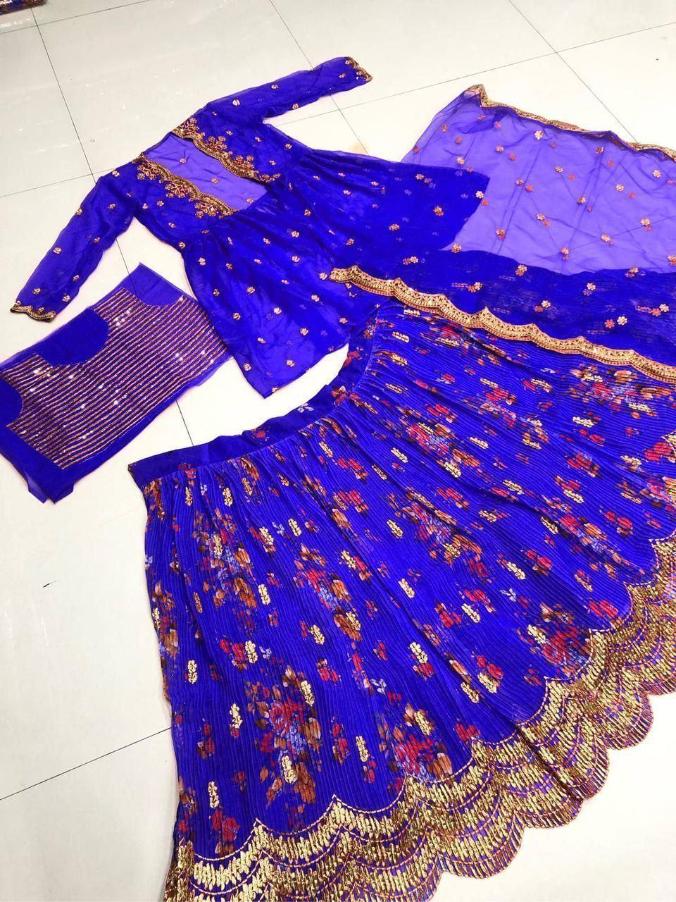 Royal blue floral lehenga choli with gold embroidery, perfect for Indian ethnic wear events