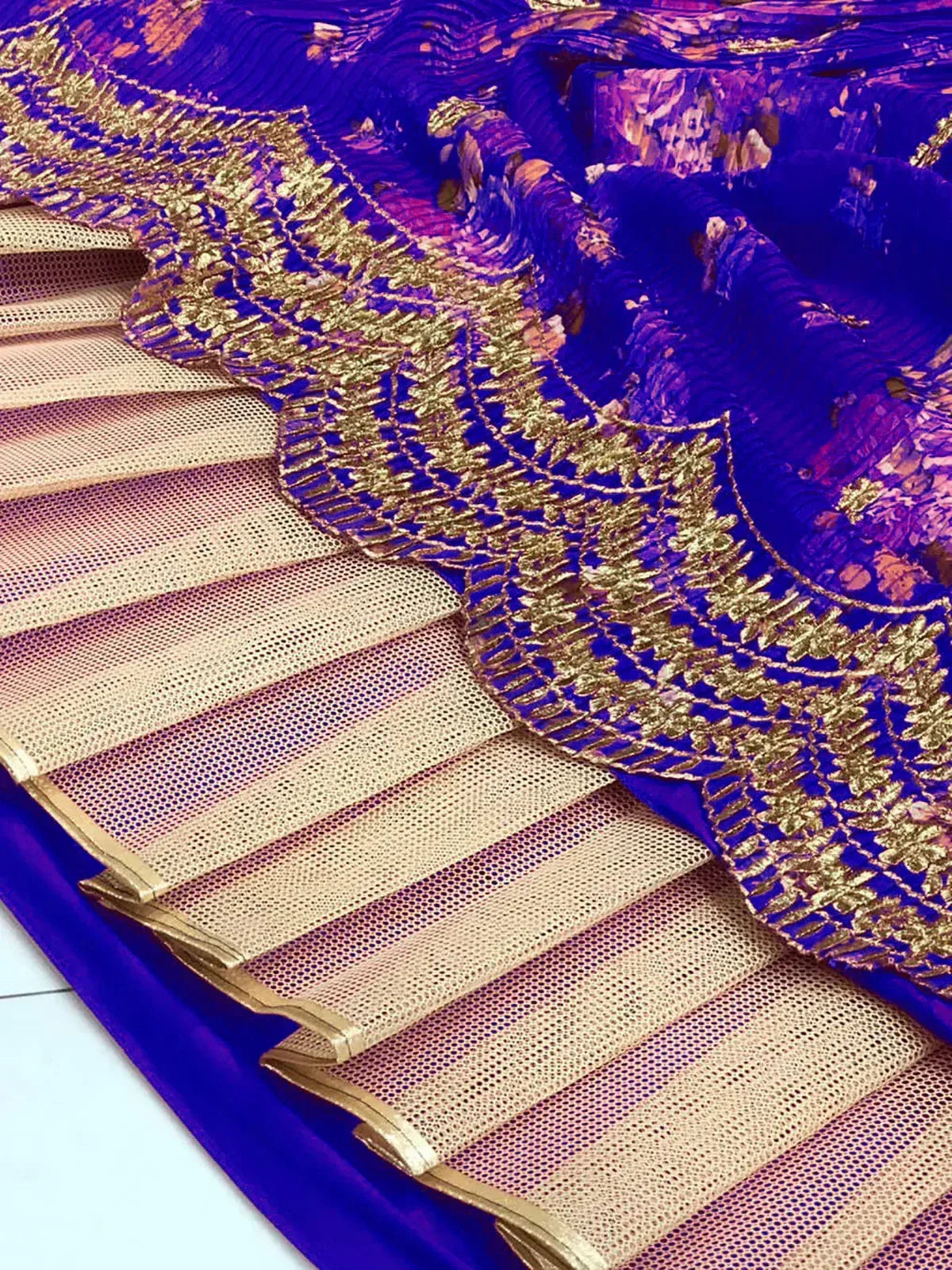 Royal blue lehenga with gold embroidery and net dupatta, Indian ethnic wear