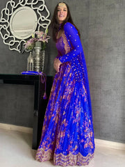 Lovely Blue Floral Printed Georgette Designer Lehenga Choli With Jacket - Ethnic Plus In