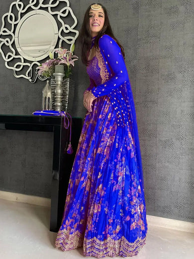 Lovely Blue Floral Printed Georgette Designer Lehenga Choli With Jacket - Ethnic Plus In