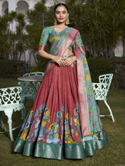 Lovely Coral Red Kalamkari Printed Dola Silk Onam Special Lehenga Choli - Ethnic Plus In