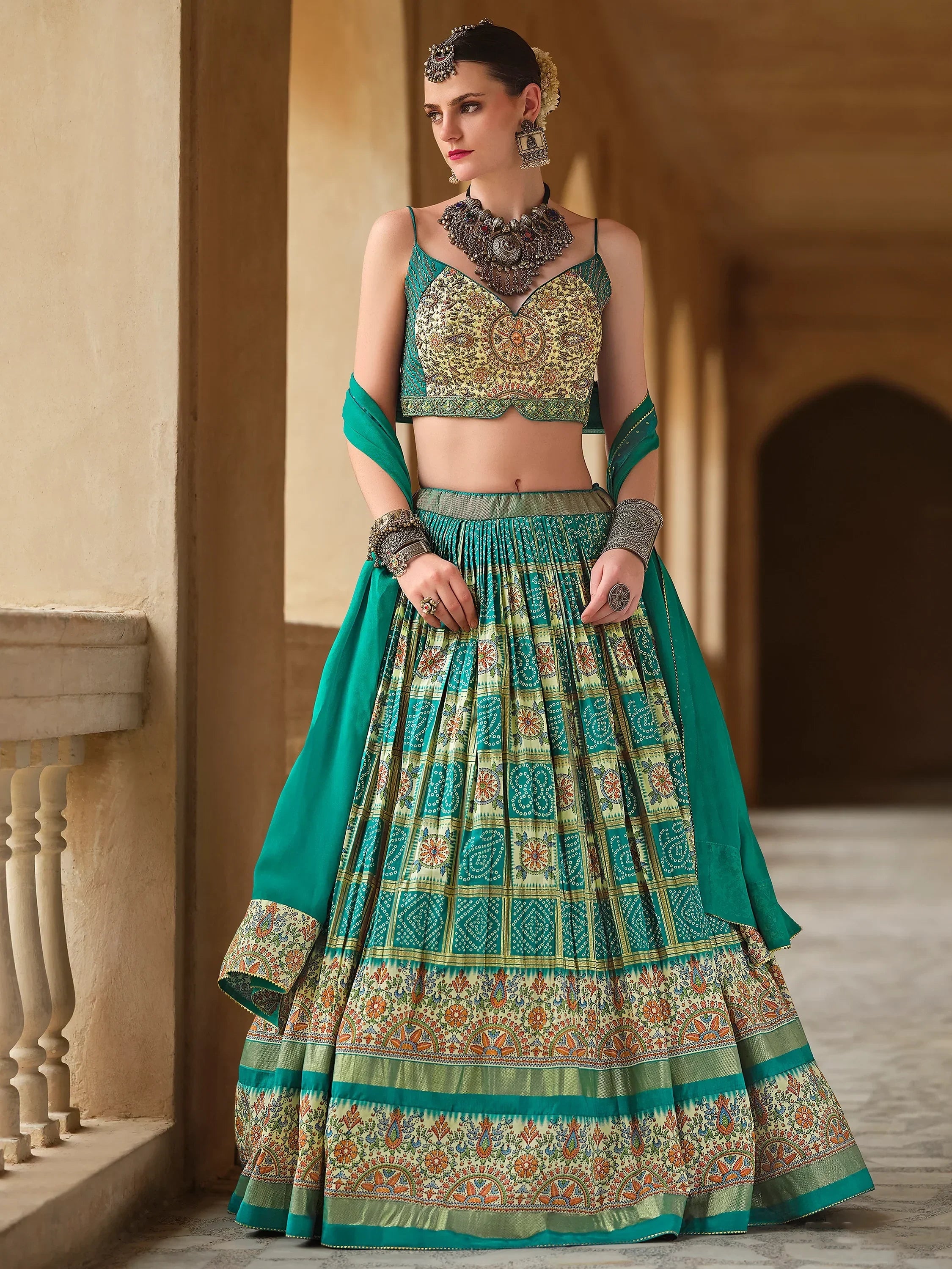 Lovely Green Bandhani Printed Silk Wedding Lehenga Choli With Dupatta - Ethnic Plus In