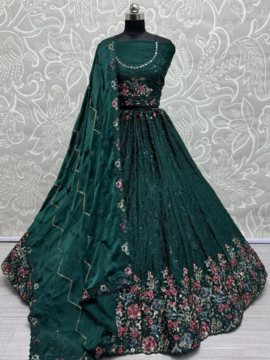 Lovely Green Floral Embroidered Chinon Mehendi Wear Lehenga Choli - Ethnic Plus In