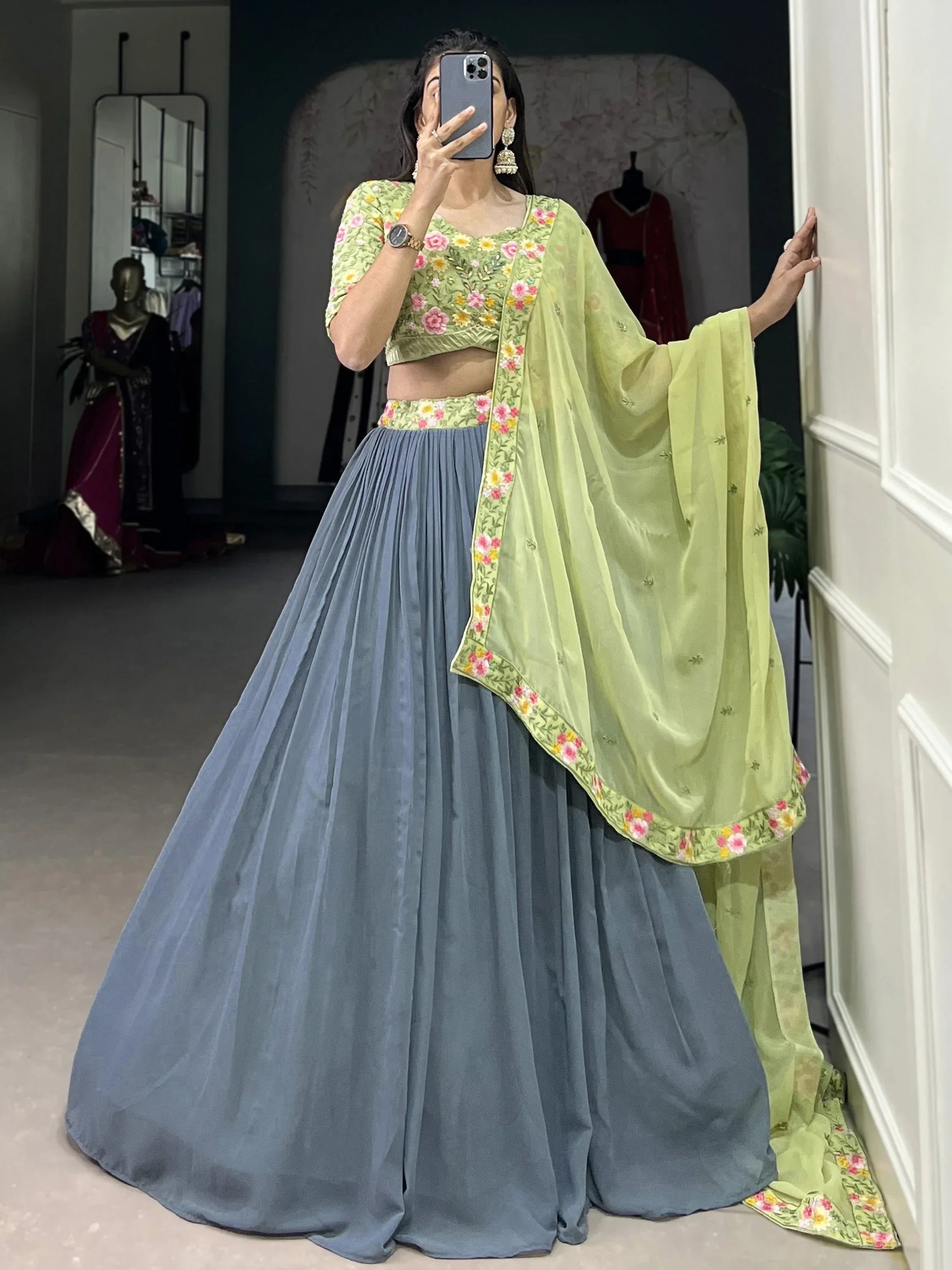 Floral embroidered green crop top with blue pleated lehenga and matching dupatta, Indian ethnic wear