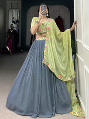 Lovely Grey Thread Embroidery Georgette Reception Wear Lehenga Choli - Ethnic Plus In