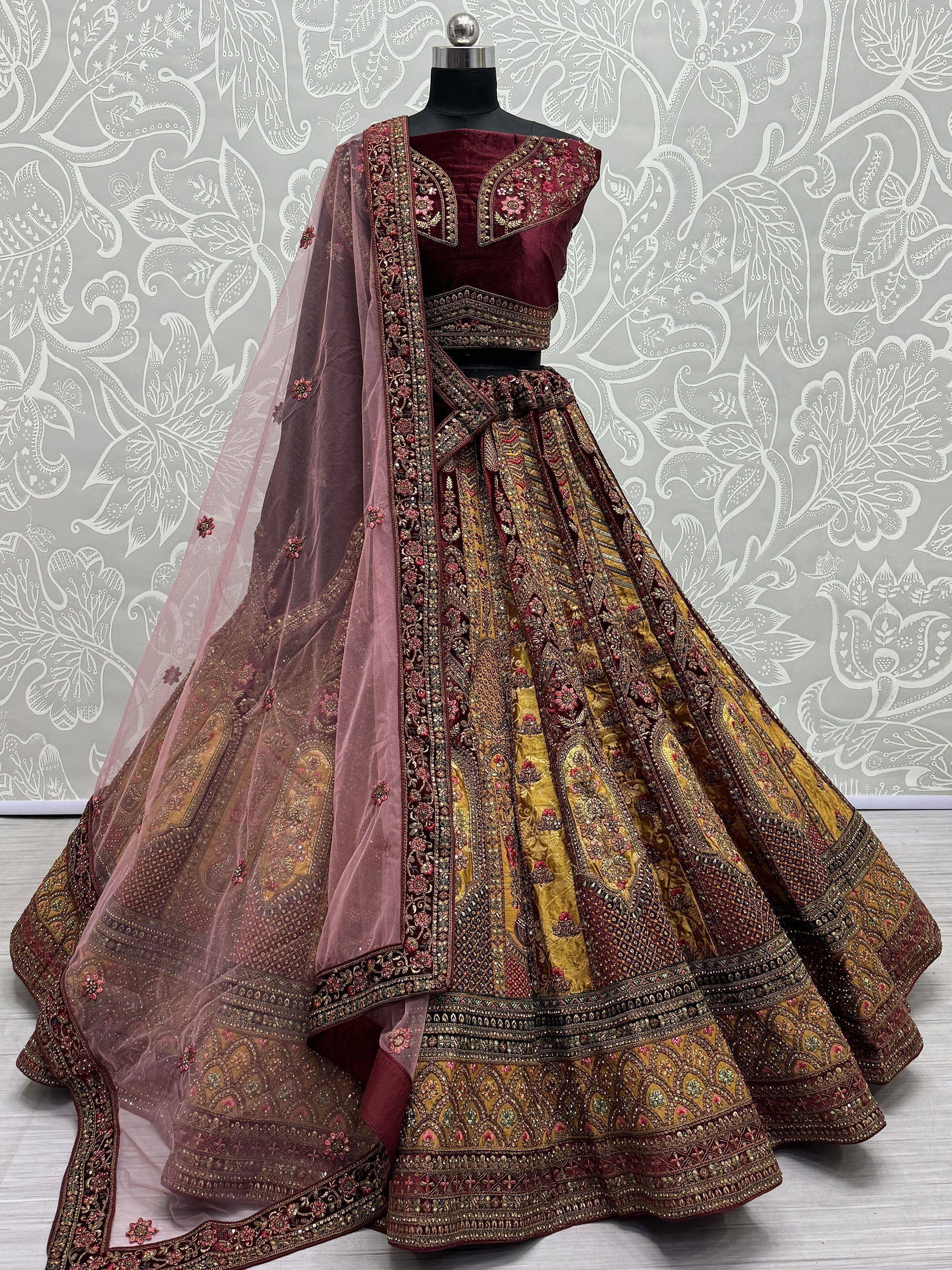 Maroon and gold embroidered lehenga choli with sheer dupatta, Indian ethnic wear for weddings