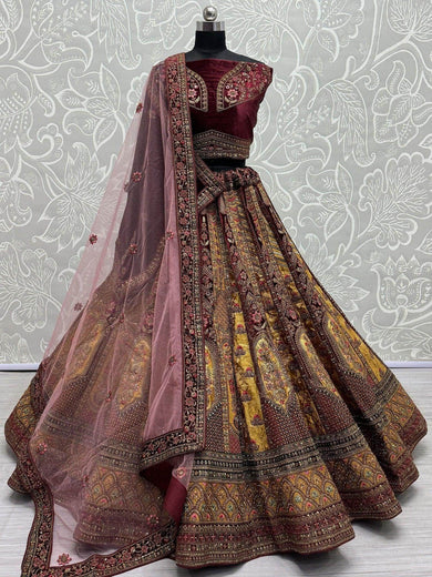 Lovely Maroon & Golden Velvet Bridal Lehenga Choli With Double Dupatta - Ethnic Plus In