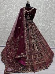Lovely Maroon Velvet Bridal Lehenga Choli With Double Dupatta - Ethnic Plus In