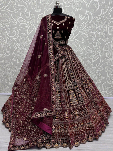 Lovely Maroon Velvet Bridal Lehenga Choli With Double Dupatta - Ethnic Plus In