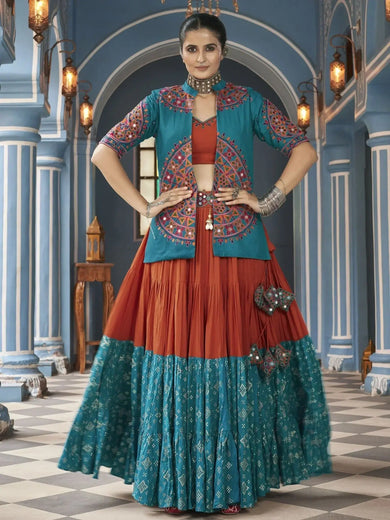 Lovely Multi Color Embroidered Rayon Navratri Lehenga Choli With Jacket - Ethnic Plus In
