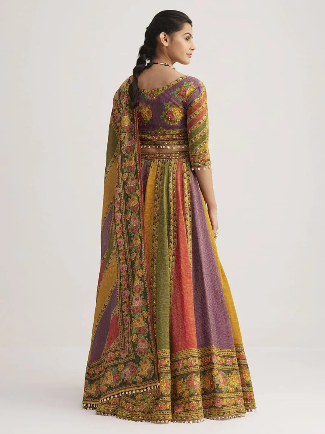 Colorful embroidered lehenga choli with floral dupatta, Indian ethnic wear for women