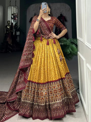 Lovely Mustard Color Printed Tussar Silk Festival Wear Lehenga Choli - Ethnic Plus In