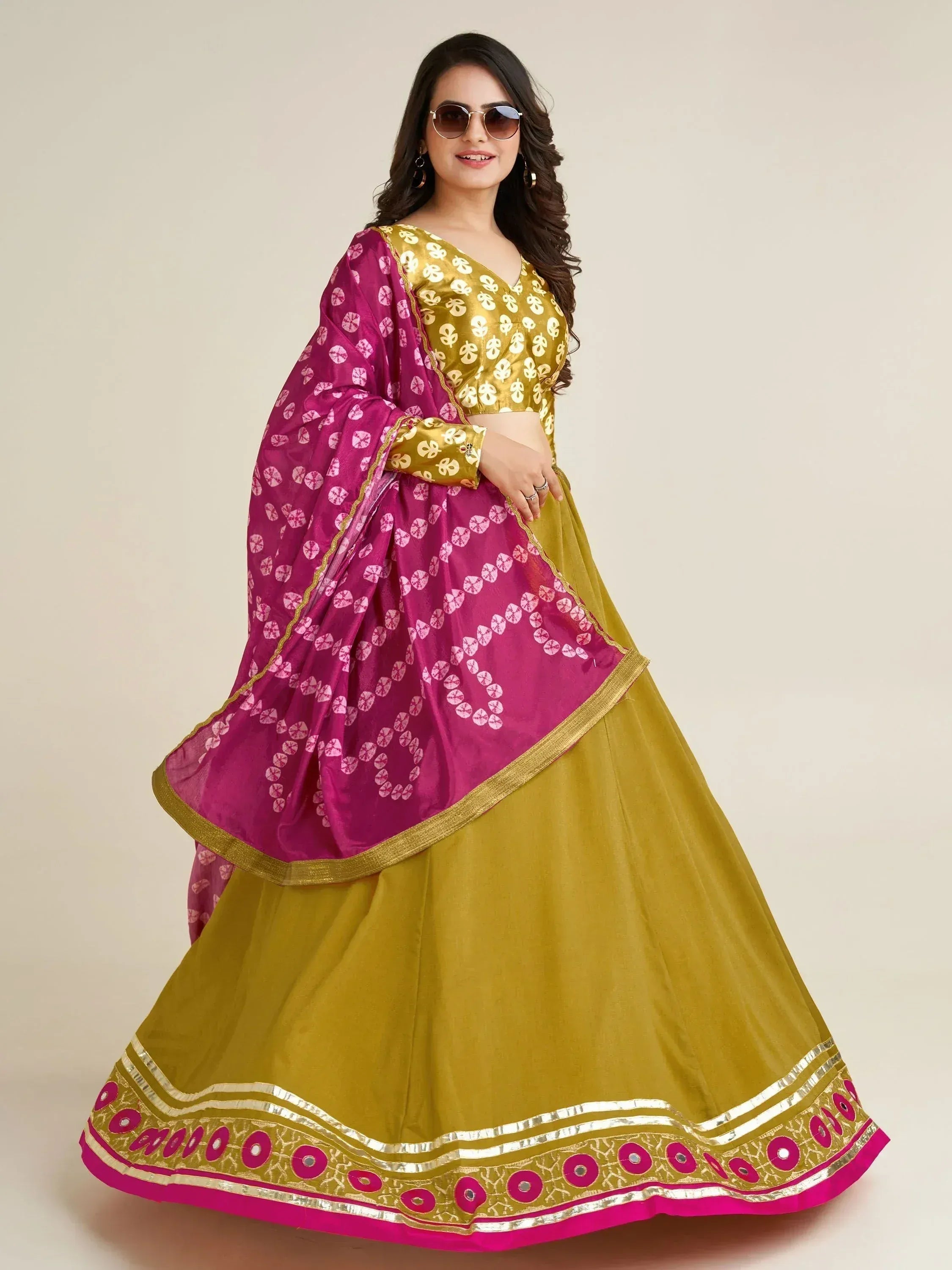 Elegant mustard and magenta lehenga choli with floral print dupatta, perfect for Indian ethnic occasions.