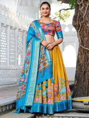 Lovely Mustard Yellow Kalamkari Print Dola Silk Lehenga With Blouse - Ethnic Plus In