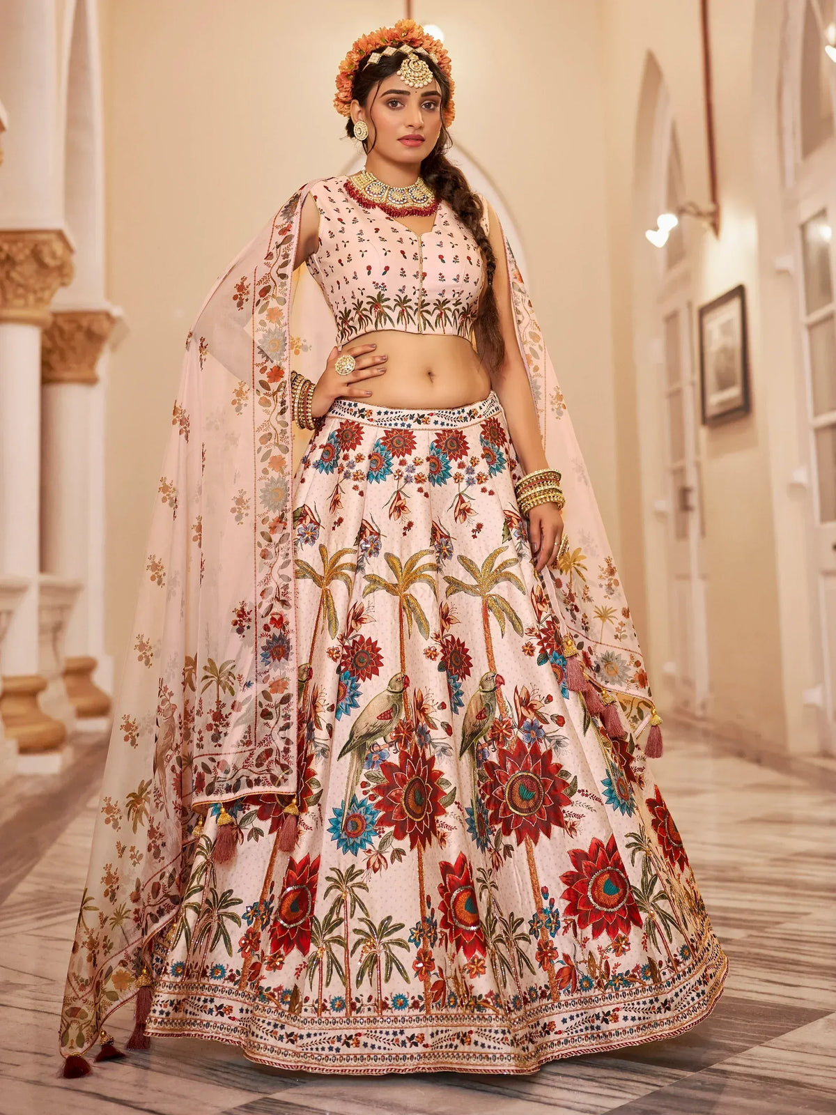 Floral print lehenga choli with palm trees and parrots, perfect for Indian ethnic wear events