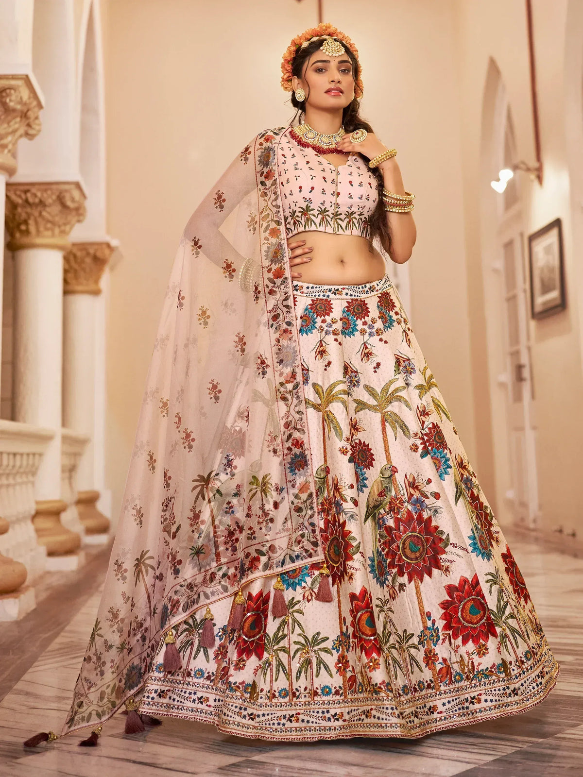 Floral print lehenga choli with palm trees and parrots, perfect for Indian ethnic wear occasions