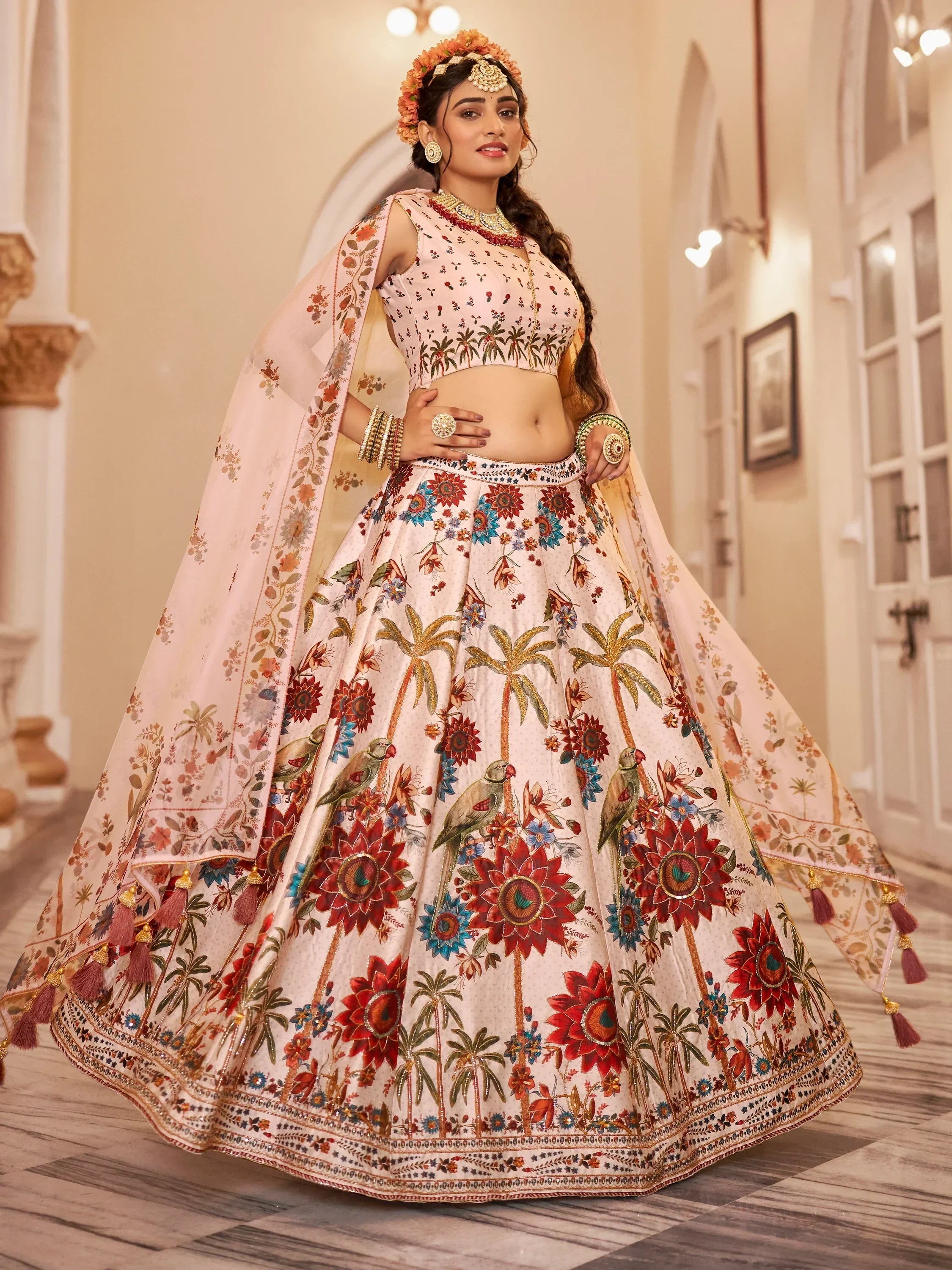 Elegant floral print lehenga choli with palm trees and parrots, perfect for Indian weddings and festive occasions.