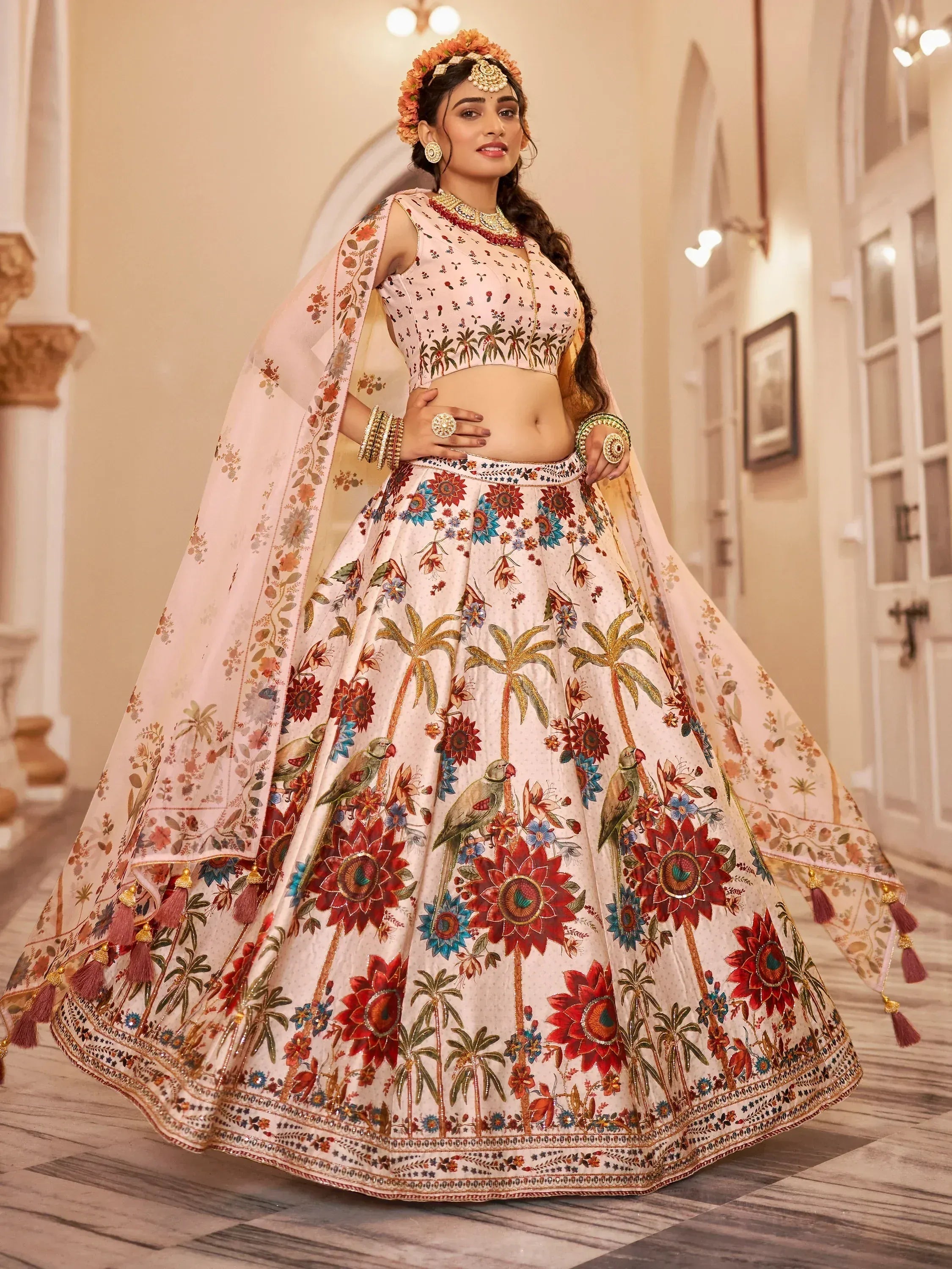 Elegant floral print lehenga choli with palm trees and parrots, perfect for Indian weddings and festive occasions.