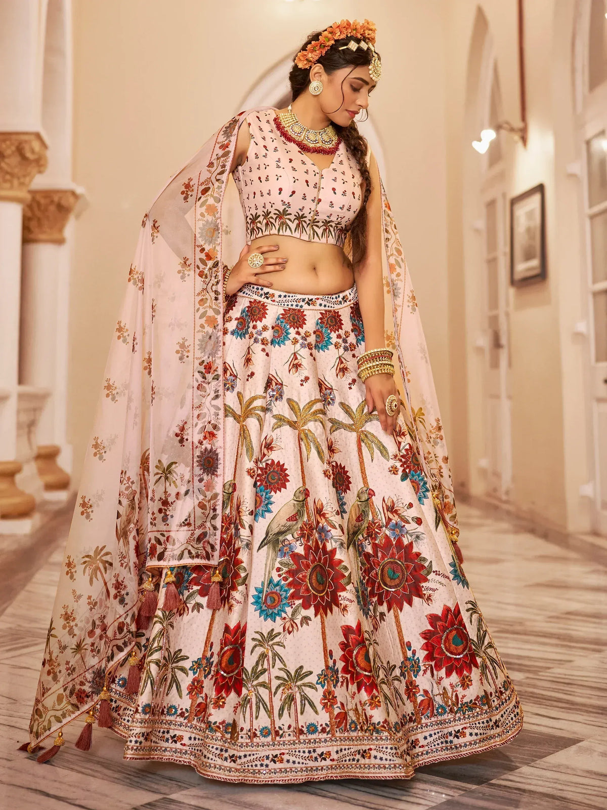 Floral printed lehenga choli with palm trees and parrots, perfect for Indian ethnic wear occasions
