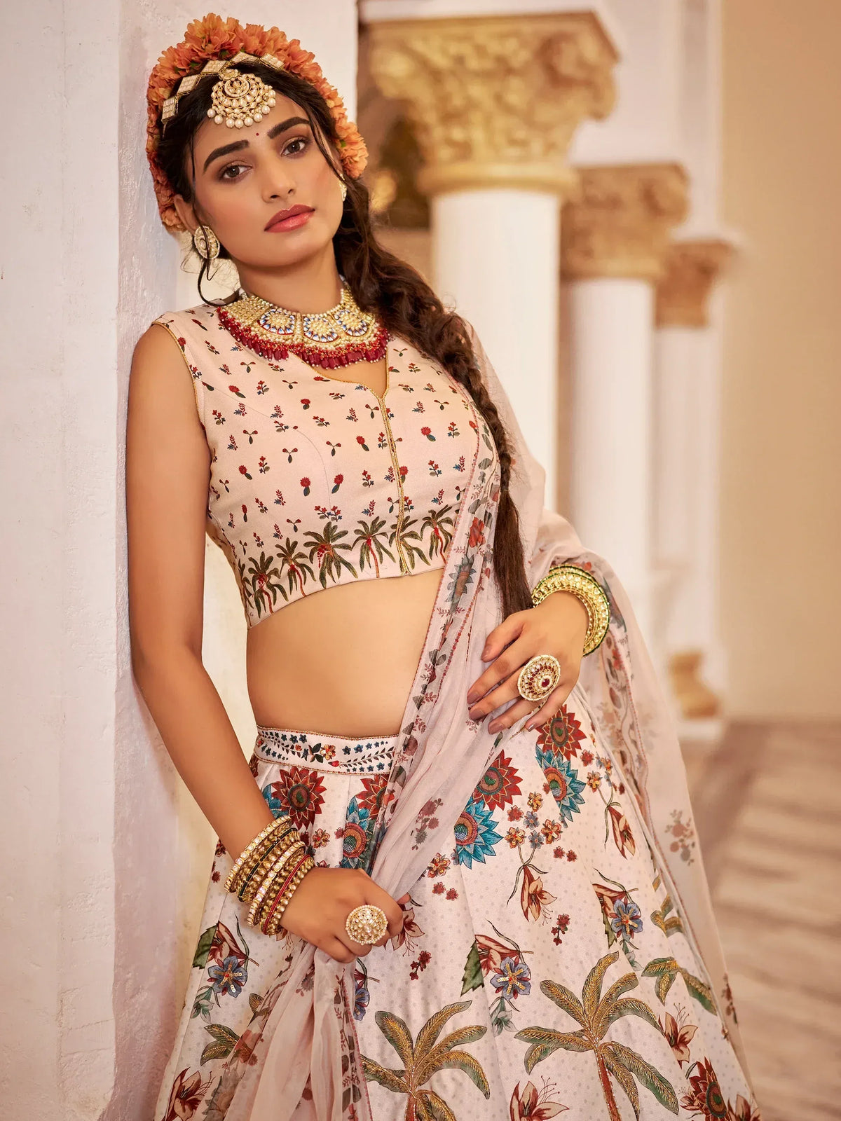 Floral print lehenga choli with gold embroidery, traditional Indian ethnic wear for weddings and festivals