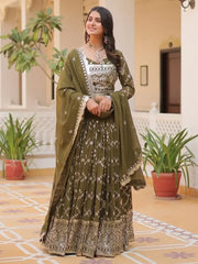 Lovely Olive Green Zari Embroidered Georgette Mehendi Wear Lehenga Choli - Ethnic Plus In