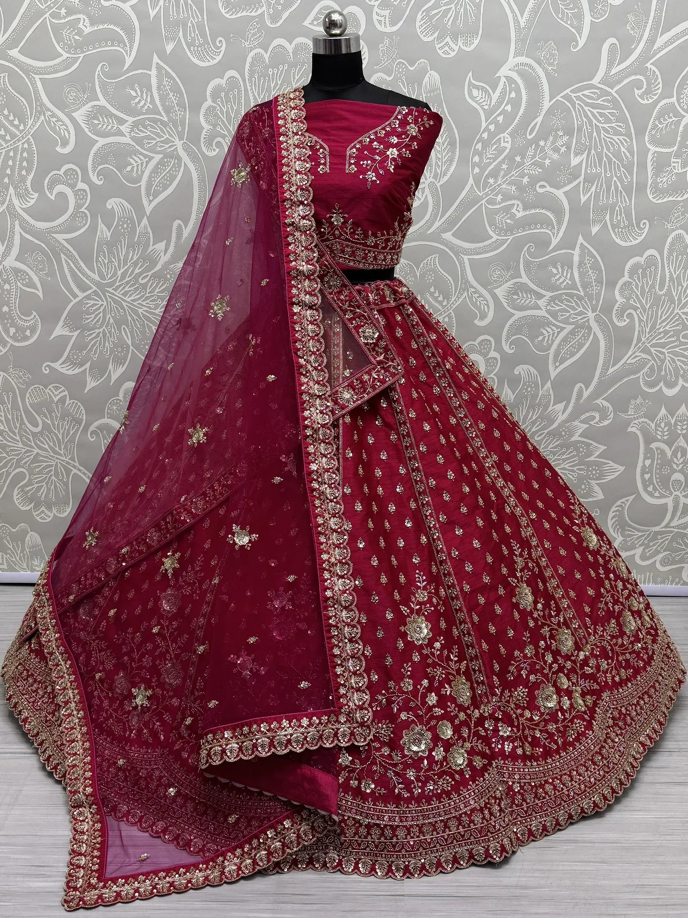 Maroon designer lehenga choli with gold embroidery and sheer dupatta, Indian ethnic wear