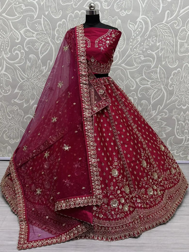 Lovely Pink Embroidered Net Bridal Lehenga Choli With Double Dupatta - Ethnic Plus In