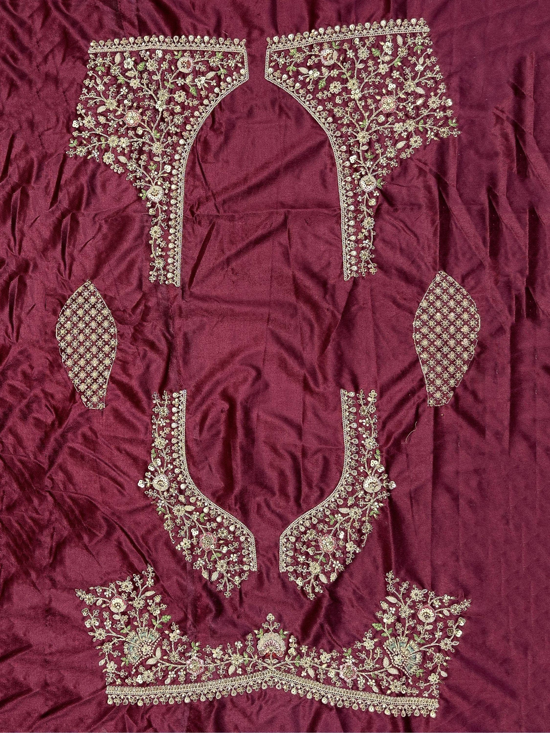 Maroon ethnic wear fabric with intricate gold floral embroidery for designer lehenga or saree blouse
